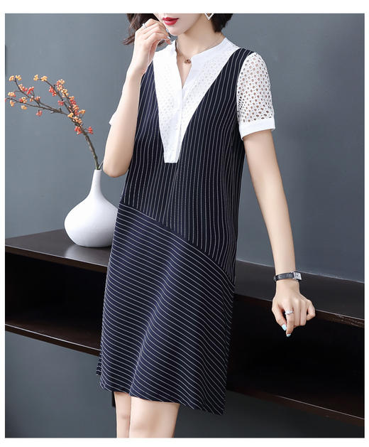 AHM-wmy9258新款假两件大码胖mm蕾丝拼接条纹连衣裙 商品图3