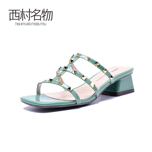 西村名物2020春夏新款凉鞋铆钉低跟女鞋方头漏脚趾镂空一字带凉拖T20BJ23371 商品图3