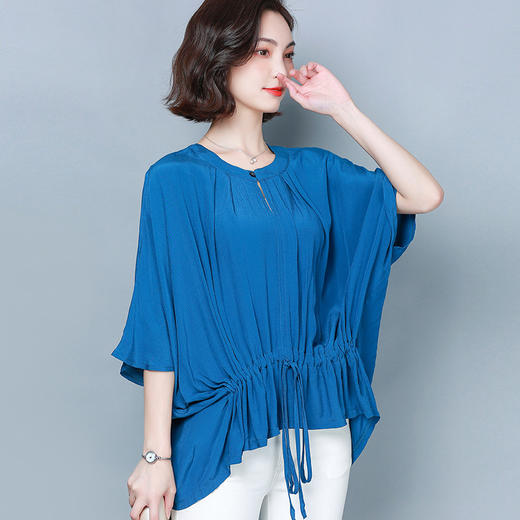 kqla16n8722宽松大码蝙蝠衫时尚洋气抽绳纯色雪纺衫