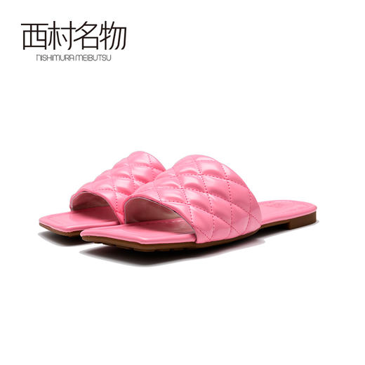 西村名物2020春夏新款格菱纹一字拖女鞋网红方头平底凉拖女T20BJ23631 商品图2