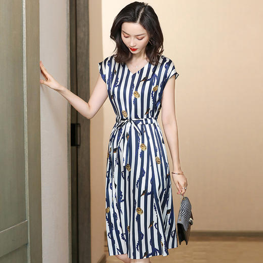 性感V领条纹，印花真丝连衣裙ASE-8898 商品图3
