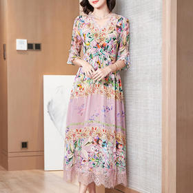 FP-F5104新款V领蕾丝花边真丝印花裙