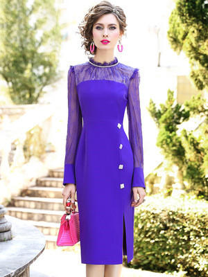 FMY-29323春装洋气时尚修身蕾丝拼接开叉包臀裙子 商品图3