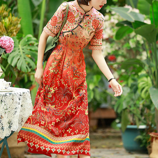 NYT-Z86新款立领中式复古桑蚕丝印花单排扣中长裙 商品图2