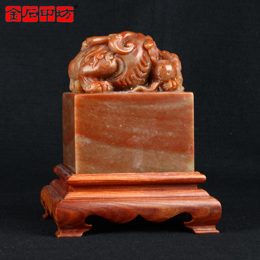 金石印坊貔貅印度石朱砂冻大兽钮方章 配定制红木底座 100*100*120mm JPYSGS008956玺章 商品图1