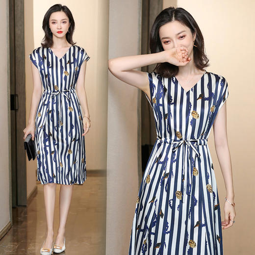 性感V领条纹，印花真丝连衣裙ASE-8898 商品图1