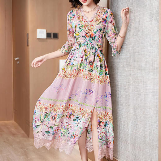 FP-F5104新款V领蕾丝花边真丝印花裙 商品图2