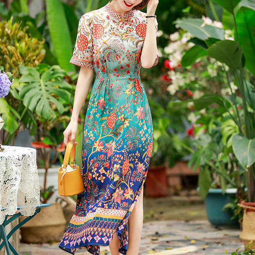 NYT-Z86新款立领中式复古桑蚕丝印花单排扣中长裙 商品图1