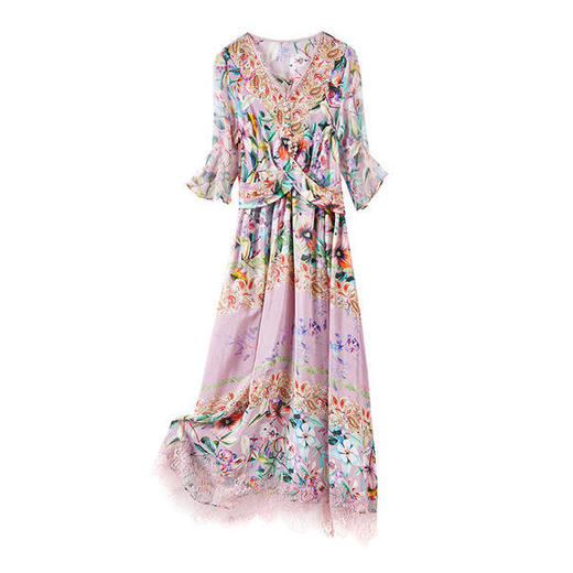 FP-F5104新款V领蕾丝花边真丝印花裙 商品图3