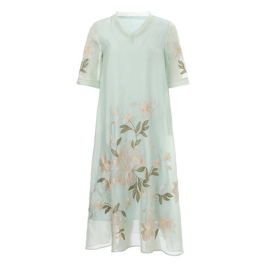 OGFY-99385新款中国风刺绣V领短袖宽松大码中长款连衣裙 商品图4