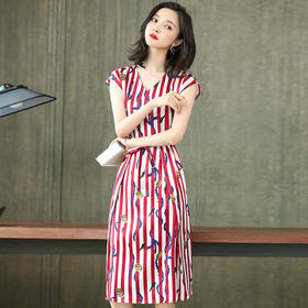 性感V领条纹，印花真丝连衣裙ASE-8898