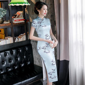 QQ9605新款高端修身祥云图案桑蚕丝旗袍