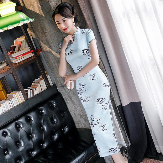 QQ9605新款高端修身祥云图案桑蚕丝旗袍 商品图2