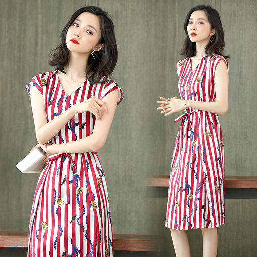 性感V领条纹，印花真丝连衣裙ASE-8898 商品图2