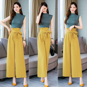 WZNH-MJ1963夏季圆领短袖纯色韩版优雅时尚拼接套装