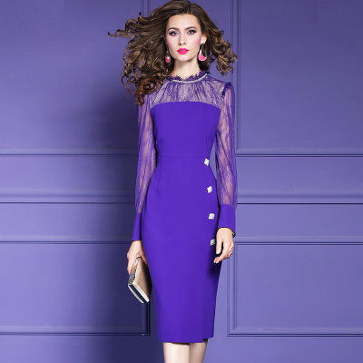 FMY-29323春装洋气时尚修身蕾丝拼接开叉包臀裙子 商品图0