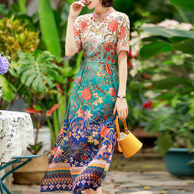 NYT-Z86新款立领中式复古桑蚕丝印花单排扣中长裙