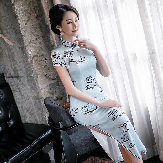 QQ9605新款高端修身祥云图案桑蚕丝旗袍 商品图1