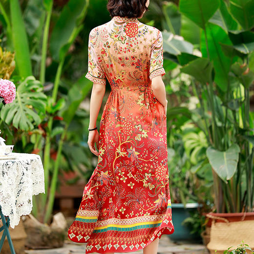 NYT-Z86新款立领中式复古桑蚕丝印花单排扣中长裙 商品图3