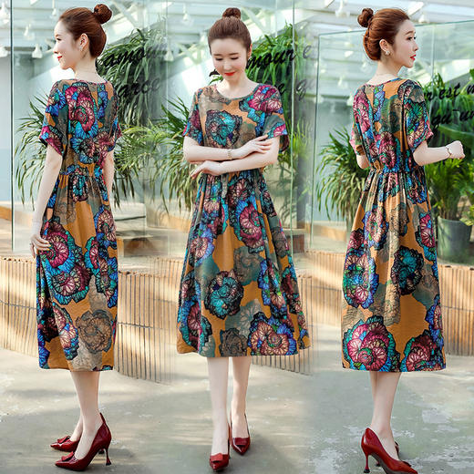 WZNH-XX6884夏新款短袖圆领宽松收腰显瘦印花A字连衣裙 商品图1