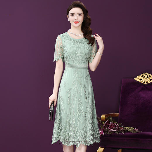 WXY-8440新款圆领气质仙女温柔风牛油果绿法式网纱连衣裙 商品图0