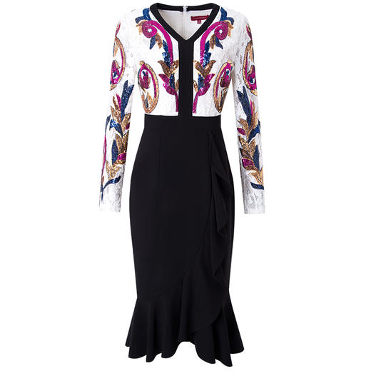 FMY-F20CL29183长袖春装典雅端庄V领显瘦印花拼接鱼尾裙子 商品图5