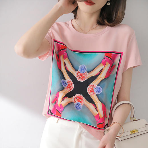 CS-YP-200007红色高跟复古印花三色圆领拼接短袖T恤上衣 商品图0