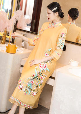 QZ2055超仙复古穿搭女腰显瘦气质民族旗袍版连衣裙