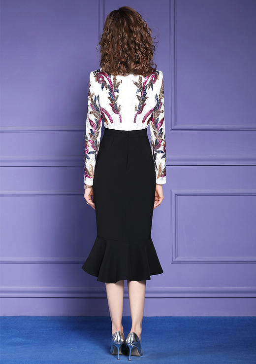 FMY-F20CL29183长袖春装典雅端庄V领显瘦印花拼接鱼尾裙子 商品图4