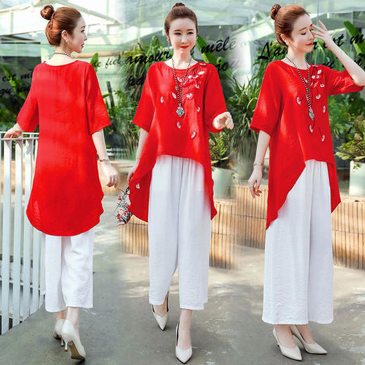 LY6886夏新款大码女装短袖减龄不规则印花上衣七分阔腿裤两件套 商品图3