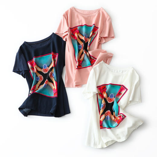 CS-YP-200007红色高跟复古印花三色圆领拼接短袖T恤上衣 商品图7