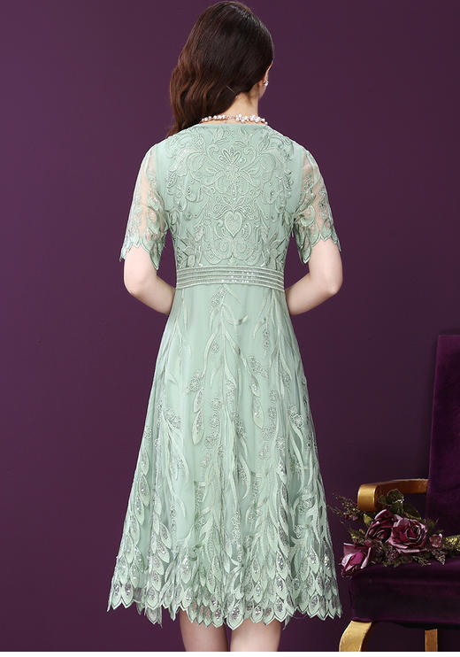 WXY-8440新款圆领气质仙女温柔风牛油果绿法式网纱连衣裙 商品图2