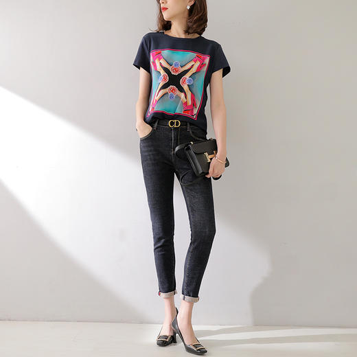 CS-YP-200007红色高跟复古印花三色圆领拼接短袖T恤上衣 商品图4