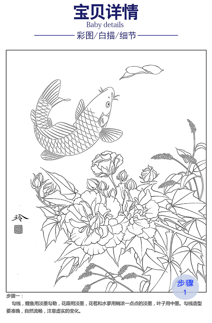 有步骤大彩图郑玲玲工笔花鸟画白描底稿鲤鱼图鱼跃龙门斗方小品册页zl