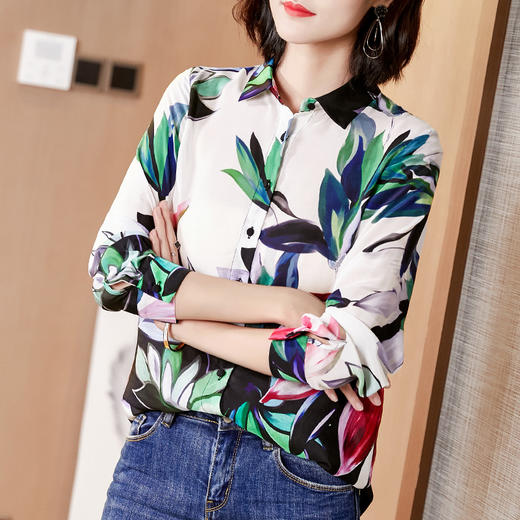 FP-F1064新款翻领单排扣长袖水墨印花真丝衬衫 商品图0