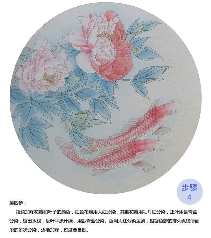 有步骤大彩图郑玲玲工笔花鸟画白描稿牡丹鲤鱼绝色双娇小品zl20