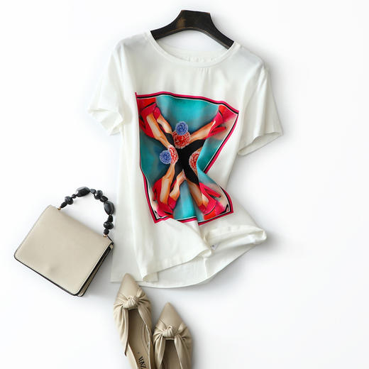 CS-YP-200007红色高跟复古印花三色圆领拼接短袖T恤上衣 商品图6