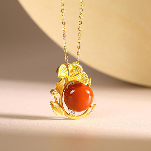 CW001-77S925纯银镀金南红玛瑙个性银杏叶高档气质女士复古吊坠套链 商品图1