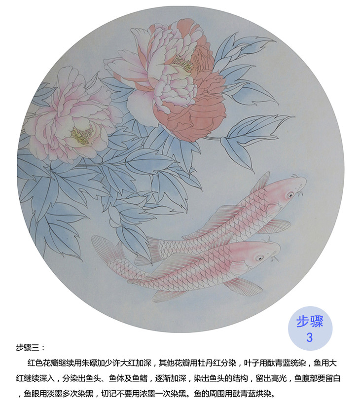 有步骤大彩图郑玲玲工笔花鸟画白描稿牡丹鲤鱼绝色双娇小品zl20