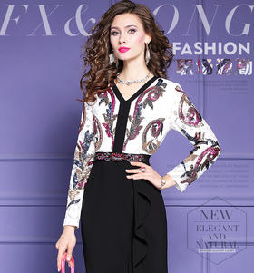 FMY-F20CL29183长袖春装典雅端庄V领显瘦印花拼接鱼尾裙子