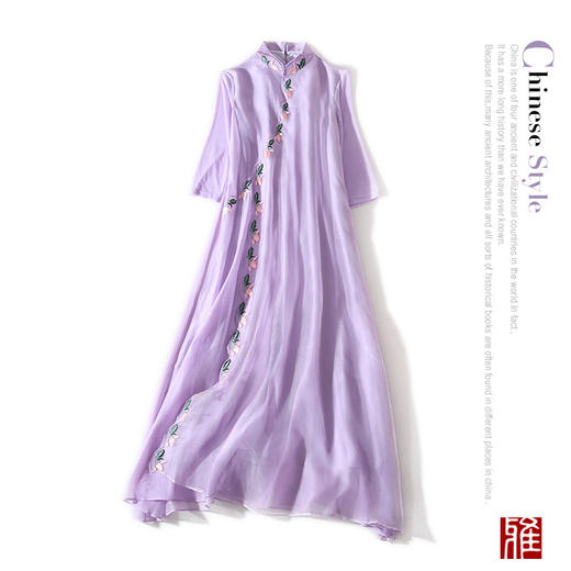 YXF-Y9421夏新款复古立领真丝欧根纱绣花七分袖中长旗袍连衣裙 商品图1