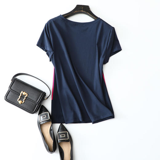 CS-YP-200007红色高跟复古印花三色圆领拼接短袖T恤上衣 商品图5