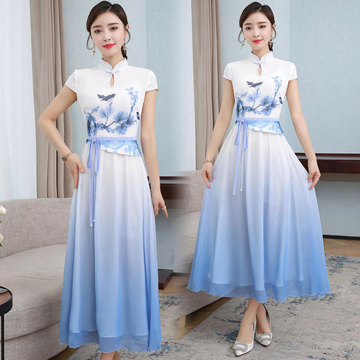 HT-9279夏季新款改良旗袍奥黛假两件套装连衣裙渐变中国风中长款 商品图2