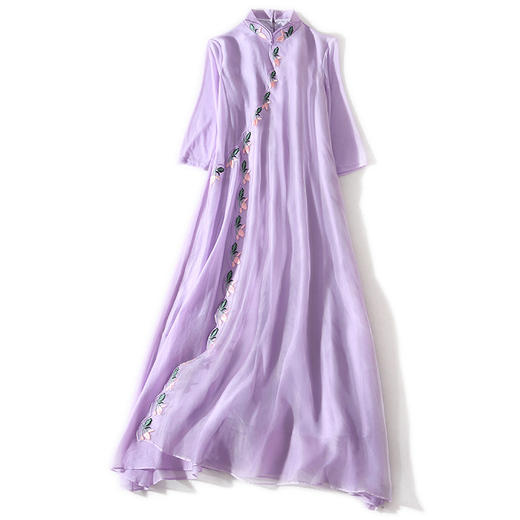 YXF-Y9421夏新款复古立领真丝欧根纱绣花七分袖中长旗袍连衣裙 商品图4