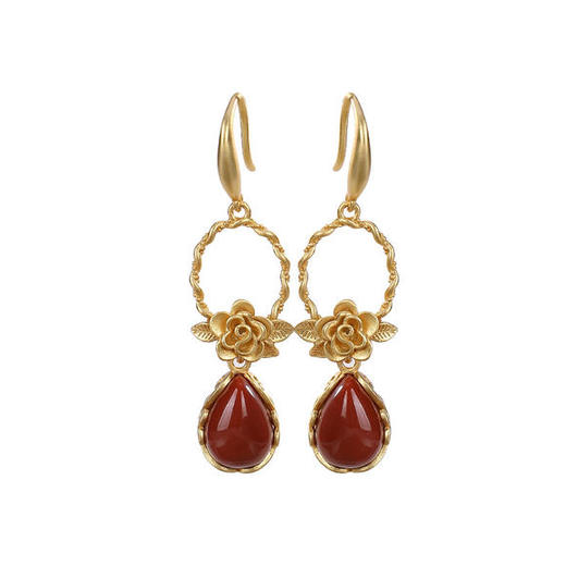 CW001-77壹鹿银S925纯银镀金南红玛瑙个性水滴形复古牡丹花女耳环耳坠耳饰 商品图4