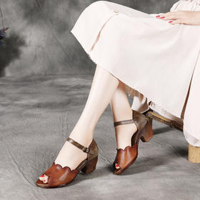 BC-038-737原创手工复古真皮露趾鱼嘴粗跟圆头凉鞋