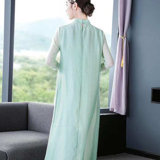 YXF-Y9421夏新款复古立领真丝欧根纱绣花七分袖中长旗袍连衣裙 商品图3