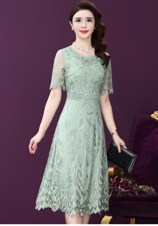 WXY-8440新款圆领气质仙女温柔风牛油果绿法式网纱连衣裙 商品图1