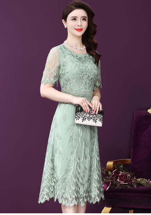 WXY-8440新款圆领气质仙女温柔风牛油果绿法式网纱连衣裙 商品图4