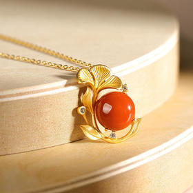 CW001-77S925纯银镀金南红玛瑙个性银杏叶高档气质女士复古吊坠套链